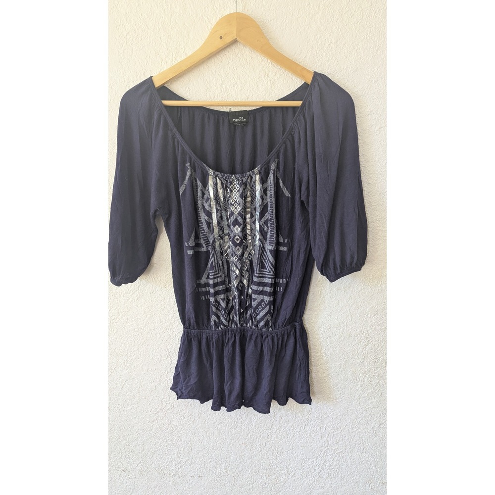 rue21 Navy Blue Silver Foil Tribal Peplum Top Womens Large 3/4 Sleeve Boho